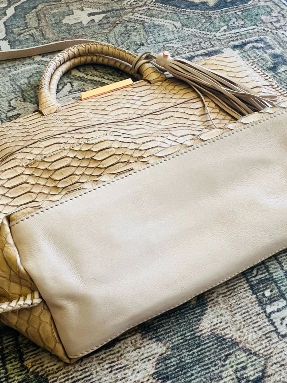 Botkier New York Tan Leather Croc Embossed Tote Bag Tassel